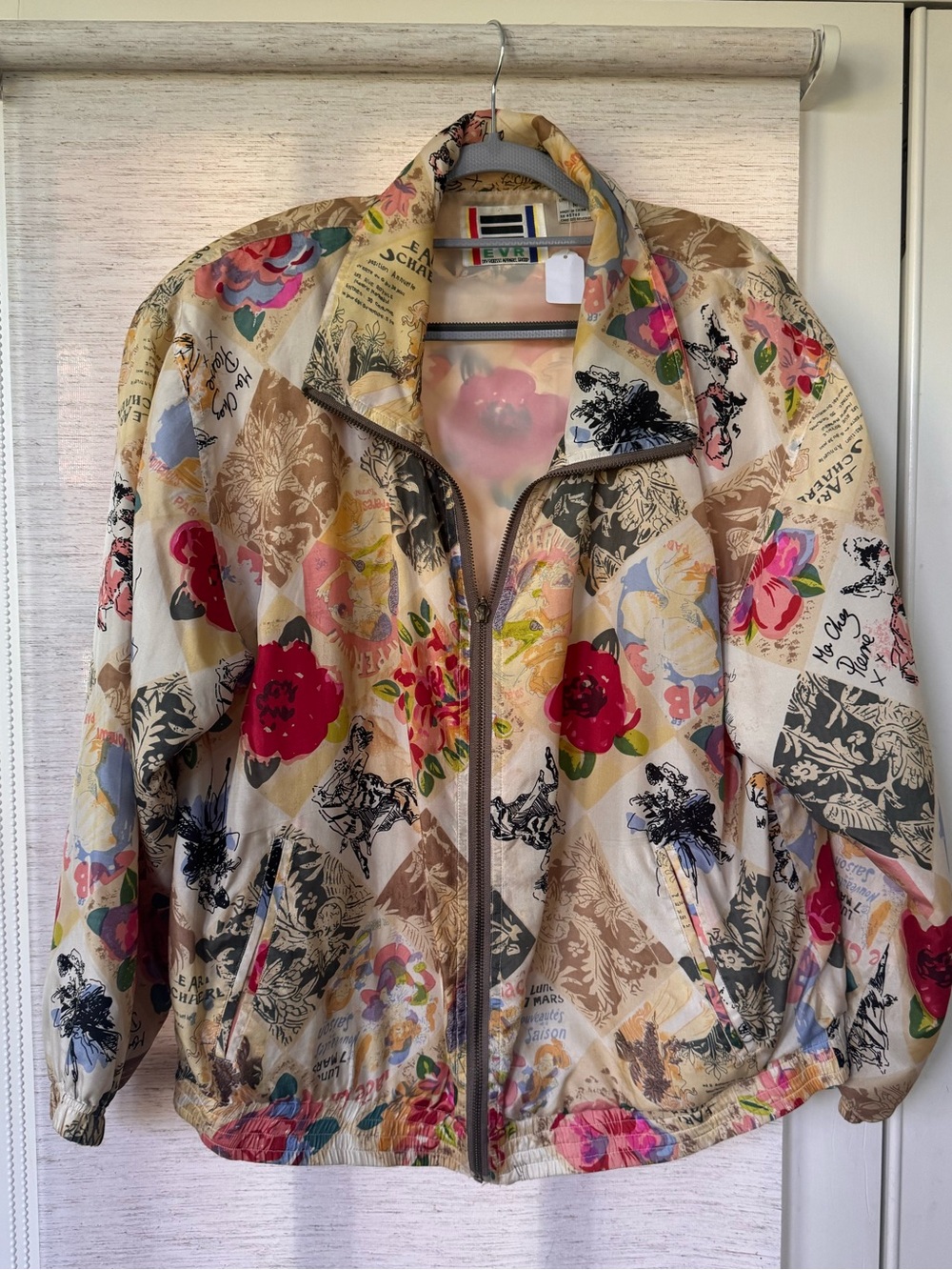 Vintage EVR Silk Bomber Jacket Colorful Graphic Collage Print Medium